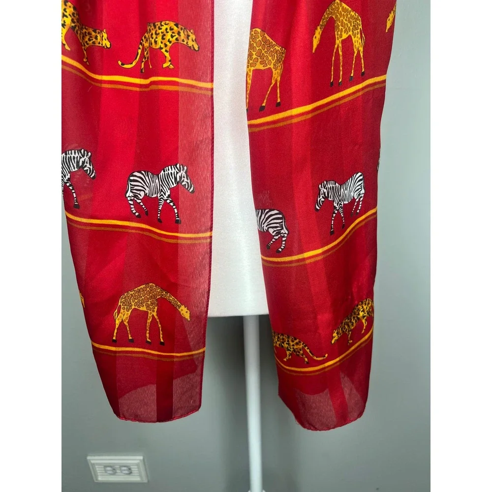 Vintage Red Safari Scarf Zebra Leopard Giraffe Sheer Rectangle Wrap Shawl Africa